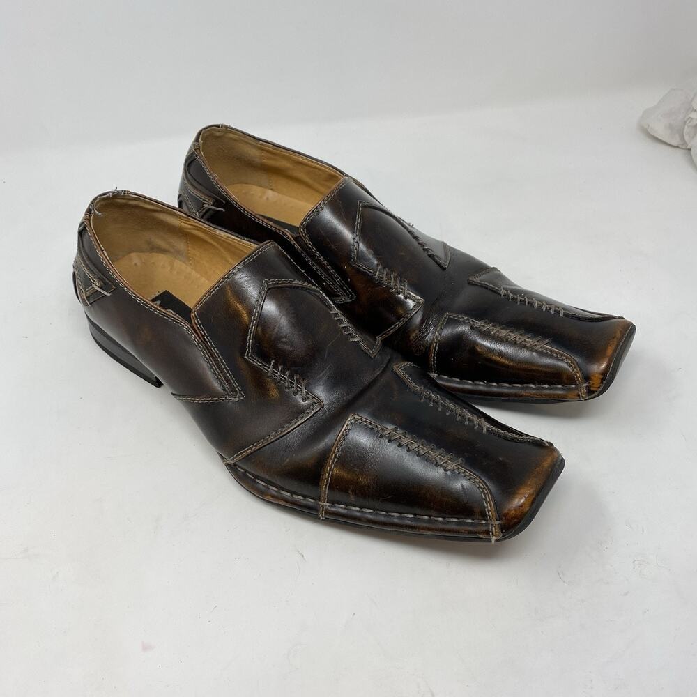 A Cellini Mens Dress Shoes 8M Brown Slip On Square Toe Patchwork Stitching Cross